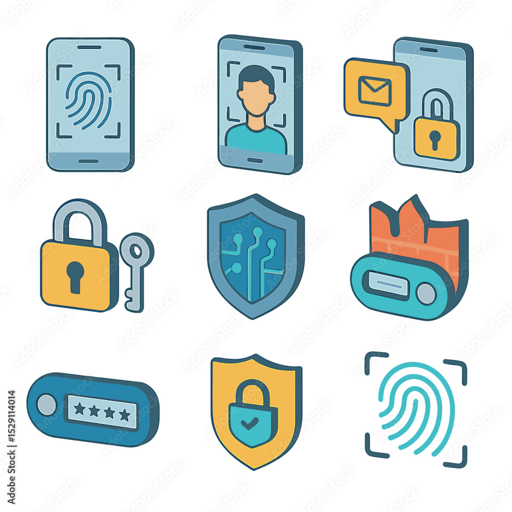 Poster mobile security icons. isometric flat icon set of security features in mobile banking: fingerprint s