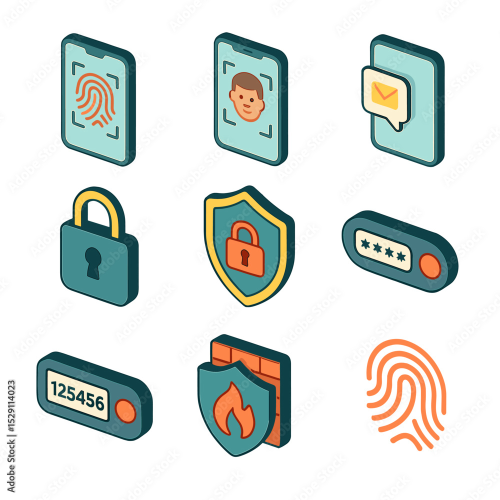 Poster mobile security icons. isometric flat icon set of security features in mobile banking: fingerprint s