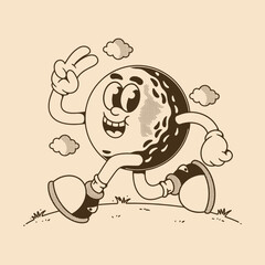 Vintage Cartoon Golf Ball Mascot Running Retro Character Illustration