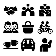 Friendship Icon Set. Solid, Filled icon set of friendship love: handshake, high five, group hug, shared laugh, picnic basket,