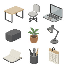 Modern Home Office Icons. Isometric Flat icon set of uncluttered home office: sleek desk, ergonomic chair, laptop, cable organizer