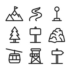 Fototapeta premium Mountain Cycling Icons. Outline icon set of mountain pass cycling adventures: mountain peak, switchback road, summit marker, pine