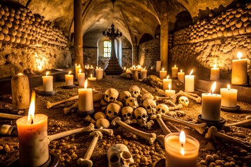 Scattered Bones and Candles in Crypt Setting