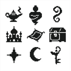 Genie Lamp Icon Set. Pixel art icon set of genie lamp wishes: oil lamp, genie silhouette, smoke swirl, palace silhouette, magic