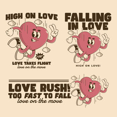 Set of Funny Retro Love Heart Cartoon Designs for Apparel