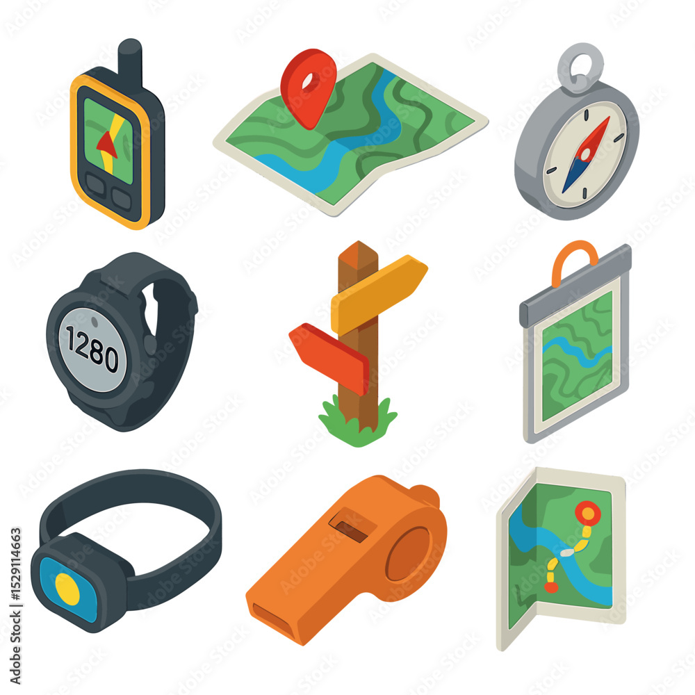 Poster navigation tool icons. isometric flat icon set of navigation and trail tools: gps device, topographi