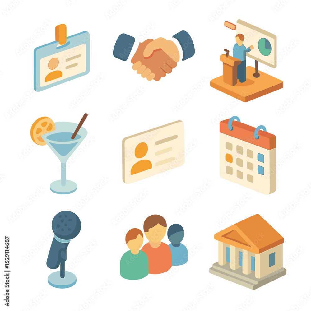 Poster networking event icons. isometric flat icon set of networking events: name badge, handshake, present