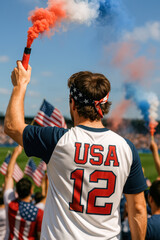American Man Holding Flare at Patriotic Soccer Match

