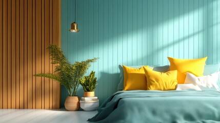 A modern bedroom featuring vibrant turquoise walls, wooden accents, and cozy bedding adorned with bright yellow pillows, complemented by stylish potted plants that enhance the aesthetic.