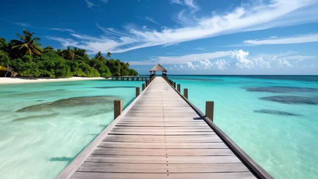 Idyllic tropical beach scene with turquoise water, white sand, palm trees and a wooden pier leading to a gazebo on a sunny day with scattered clouds.
