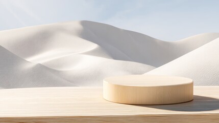 Podium on a surface with blurred sand dunes and sky background.