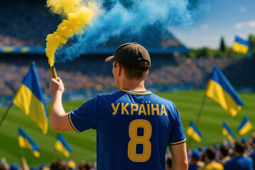 Ukrainian Fan Holding Blue and Yellow Flare at Stadium

