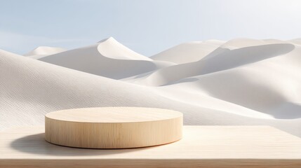 Wooden podium on a surface with white sand dunes and a light blue sky.