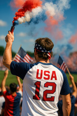 American Man Holding Flare at Patriotic Soccer Match

