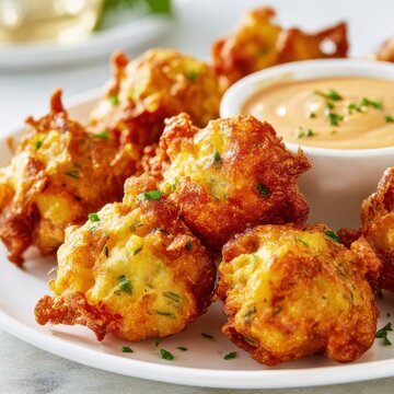 closeup shot ready to serve conch fritters golden fried fritters with dipping sauce on plate minimal background