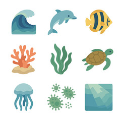 Naklejka premium Ocean Ecosystem Icons. Isometric Flat icon set of marine blue ocean ecosystem: rolling wave, dolphin, tropical fish, coral