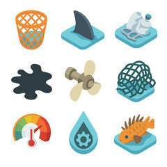 Ocean Threats Icons. Isometric Flat icon set of shark and ray threats: fishing net, shark fin, plastic debris, oil spill, boat