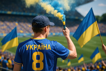 Ukrainian Fan Holding Blue and Yellow Flare at Stadium

