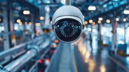 A sleek security camera is prominently featured in a contemporary industrial setting, representing security and safety in a technologically advanced and well-lit environment.