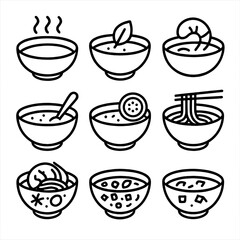 Gourmet Soup Icons. Outline icon set of gourmet soup styles: consomm&eacute;, velout&eacute;, bisque, potage, gazpacho, ramen, pho, minestrone,