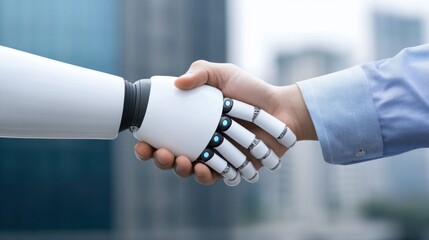 Human and Robot Handshake Symbolizing Collaboration and Future Technology