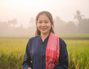A close-up portrait of a young Southeast Asian woman smiling confidently in traditional farmer clothing, captured from a slightly low angle. She wears a navy blue shirt. The background is softly blurr