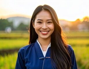 A close-up portrait of a young Southeast Asian woman smiling confidently in traditional farmer clothing, captured from a slightly low angle. She wears a navy blue shirt. The background is softly blurr