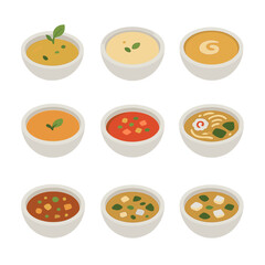 Gourmet Soup Icons. Flat icon set of gourmet soup styles: consommé, velouté, bisque, potage, gazpacho, ramen, pho, minestrone,