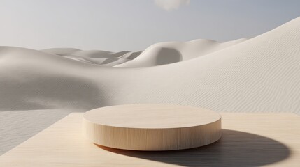 Beige podium platform on a desert landscape with sand dunes and sky.