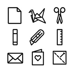 Origami Icon Set. Outline icon set of paper crafts and origami: paper sheet, origami crane, scissors, glue stick, paper cutter,