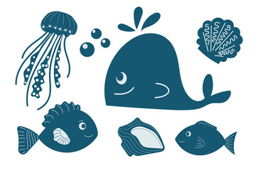 Creative underwater illustration featuring a whale, jellyfish, fish, and shellfish in a playful marine setting. Vector