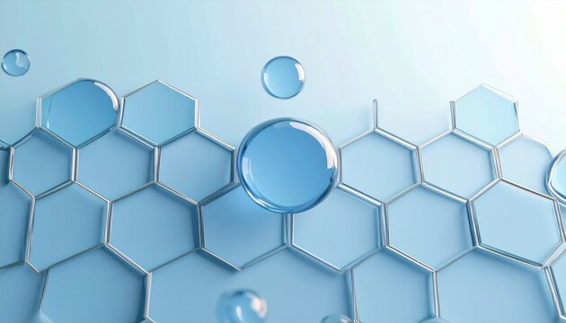 Abstract Composition Of Floating Blue Glass Hexagons And Spheres Creating A Futuristic Tech Design