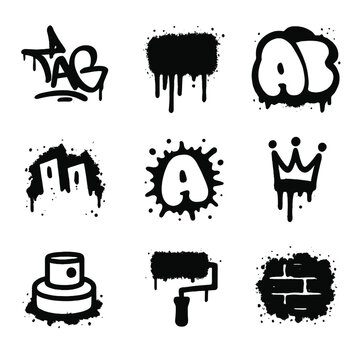 Graffiti Icon Set. Flat icon set of graffiti splatter: tag outline, stencil drip, throw-up blob, mural sketch, bubble letter