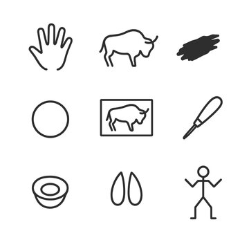 Paleolithic Icon Set. Outline icon set of paleolithic cave art: hand stencil, bison silhouette, charcoal smear, red ochre dot,