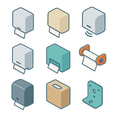 Paper Towel Dispensers. Isometric Flat icon set of paper towel dispensers: wall-mounted dispenser, countertop dispenser, touchless