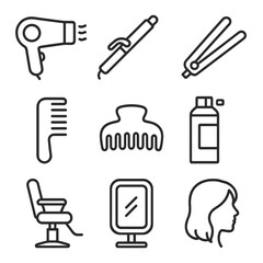 Hairstyling Icon Set. Outline icon set of hairstyle styling: hair dryer, curling iron, hair straightener, comb, hair clip,