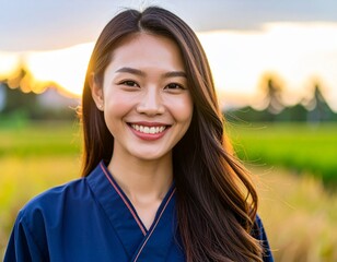 A close-up portrait of a young Southeast Asian woman smiling confidently in traditional farmer clothing, captured from a slightly low angle. She wears a navy blue shirt. The background is softly blurr