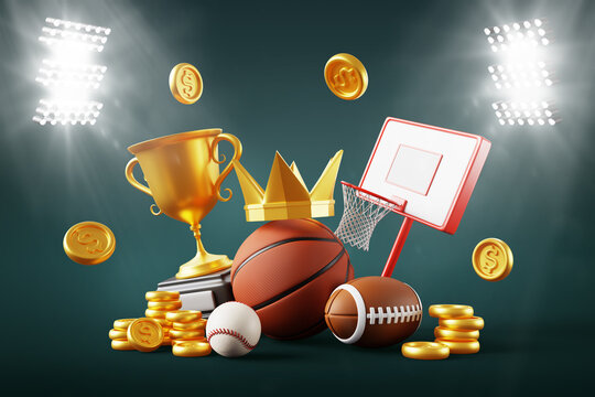 Sports betting 3d background. Bet and win in bookmaker office. Stadium with spotlights, american football, baseball and basketball ball, backboard, championship cup, gold crown, coins. 3D illustration