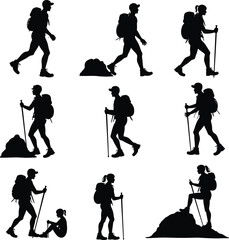 Naklejka premium Silhouetted Hikers with Backpacks and Trekking Poles in Various Poses on White Background