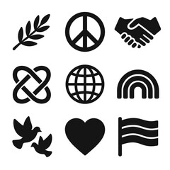Peace and Unity Icons. Solid, Filled icon set of peace and unity symbols: olive branch, peace sign, clasped hands, unity knot,