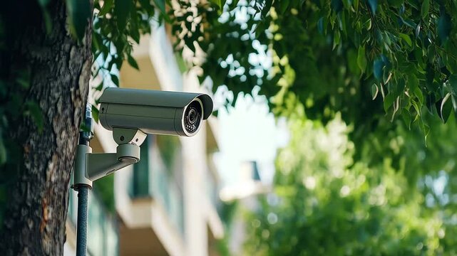Surveillance camera installed in residential area for enhanced security during daytime, smart surveillance camera by a professional, in a residential area during summer