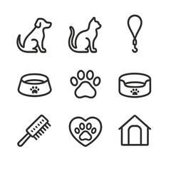 Pet Icon Set. Outline icon set of pet companionship: dog silhouette, cat silhouette, pet leash, pet food bowl, paw print, pet bed,