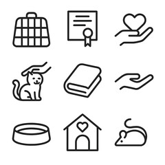 Pet Rescue Icon Set. Outline icon set of rescue pet comfort: cage, adoption certificate, pet being petted, blanket, heart,