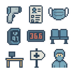 Health Screening Icons. Pixel art icon set of health screening: thermometer gun, health questionnaire, medical mask, pulse
