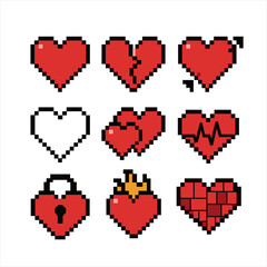 Fototapeta premium Heart Pixel Art. Pixel art icon set of heart shapes: solid heart, broken heart, heart with arrow, heart outline, double heart,
