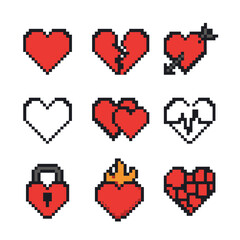 Fototapeta premium Heart Pixel Art. Pixel art icon set of heart shapes: solid heart, broken heart, heart with arrow, heart outline, double heart,