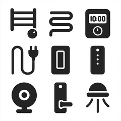 Heated Towel Bar Icons. Solid, Filled icon set of heated towel bar features: thermostat knob, heating element, timer display,