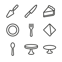 Fototapeta premium Pie Serving Icon Set. Outline icon set of pie slicing and serving: pie server, sharp knife, pie slice, dinner plate, fork, napkin,