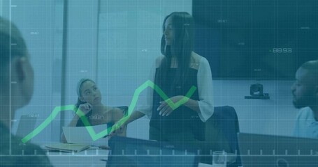 Presenter raising arms explaining upward trend in business meeting with animated line chart overlay - Powered by Adobe