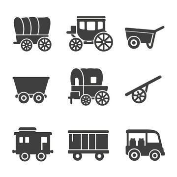 Historic Wagon Icons. Flat icon set of historic wagon types: covered wagon, stagecoach, farm wagon, mining cart, chuck wagon,